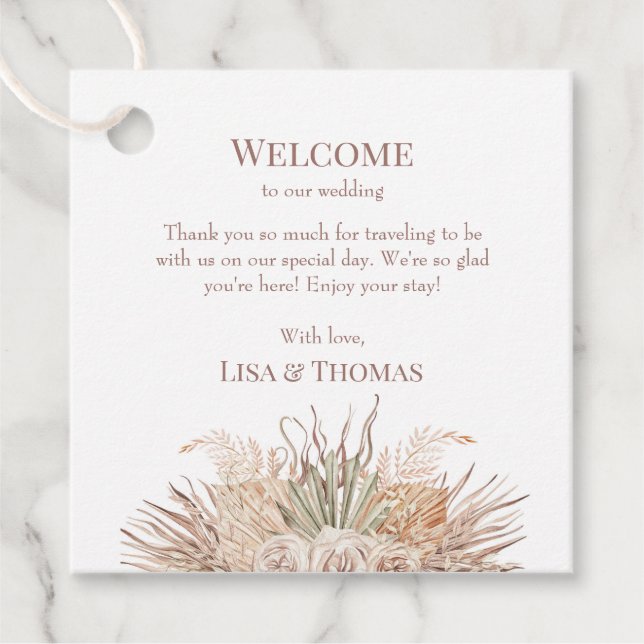 Boho Pampas Garden Wedding Begrüßungsgeschenk Tag Geschenkanhänger (Vorderseite)