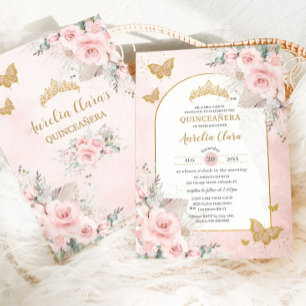 Boho Pampas Gras Blush Rosa Floral Quinceañera Einladung