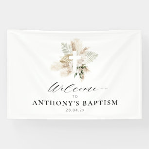Boho Pampas Gras Grüne Blumenkreuz Taufe Banner