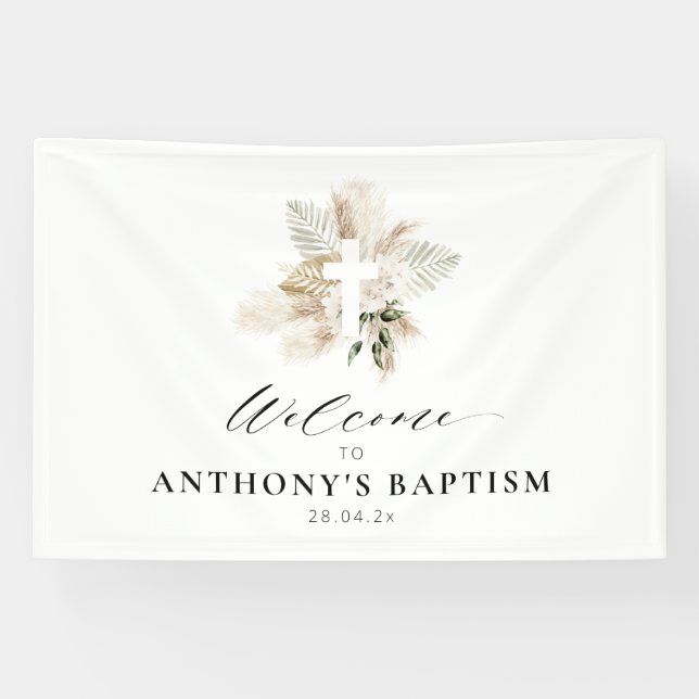 Boho Pampas Gras Grüne Blumenkreuz Taufe Banner (Horizontal)