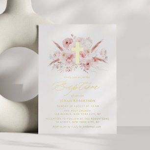 Boho Pampas Gras staubige Rose Blumenkreuz Taufe Folieneinladung