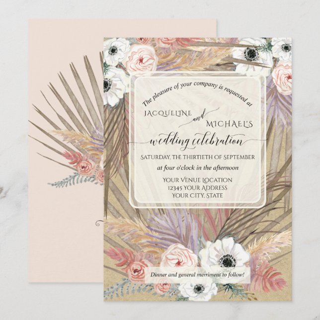 BOHO Pampas Gras Weiße Blüte Rustikal neutral Einladung (Vorne/Hinten)
