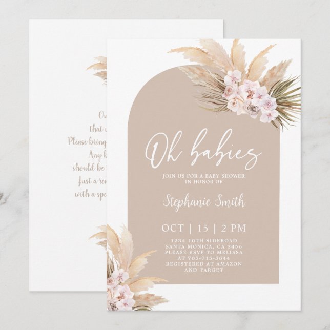 Boho Pampas Grass Arch Baby Shower Twin Girls Einladung (Vorne/Hinten)