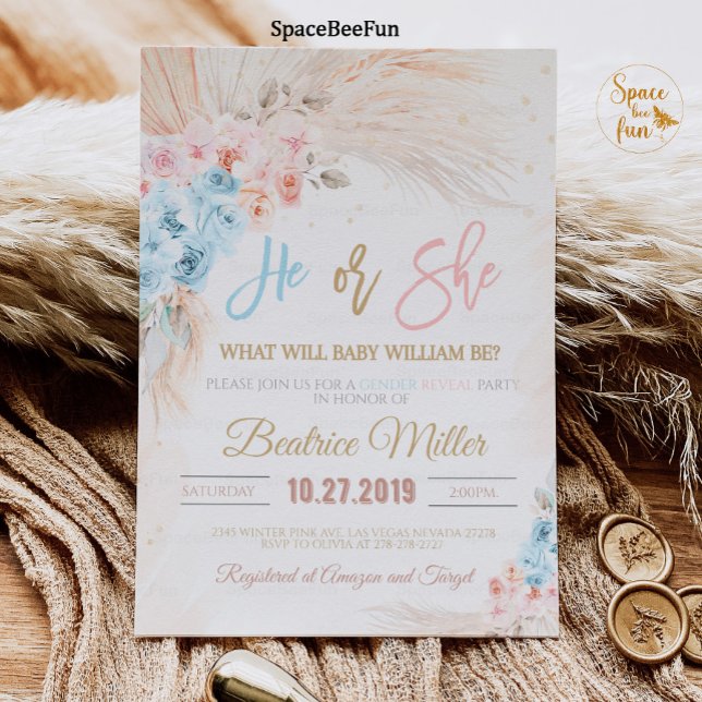 Boho Pampas Grass Baby Dusche Einladung oder sie (Boho Pampas Grass Baby Shower Invitation Bohemian Gender reveal)
