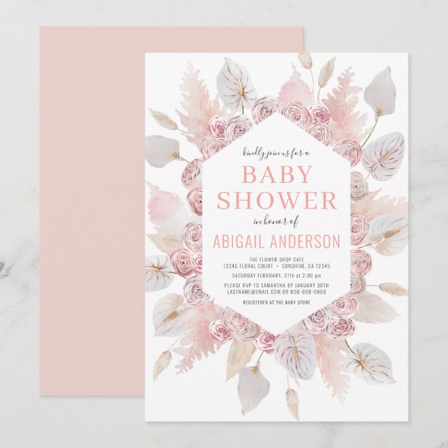 Boho Pampas Grass Baby Dusche Elegantes Rosa Rosa Einladung (Vorne/Hinten)
