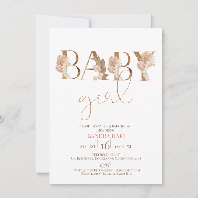 Boho Pampas Grass Baby Girl Babydusche Einladung (Vorderseite)