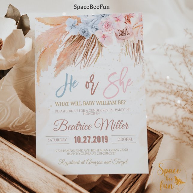 Boho Pampas Grass Baby Shower Gender Einladung (Boho Pampas Grass Baby Shower He or She Invitation Boy Girl Bohemian Tropical Gold Invites )