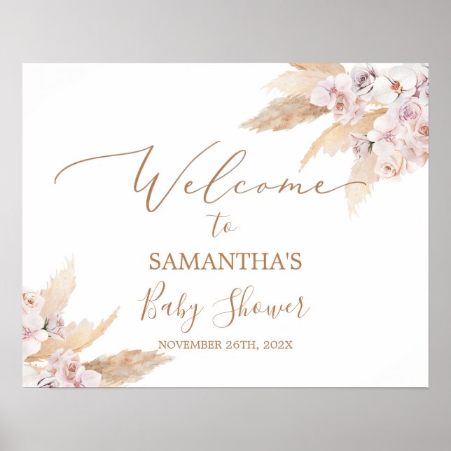 Boho Pampas Grass Baby Shower Girl Begrüßungszeich Poster (Vorne)