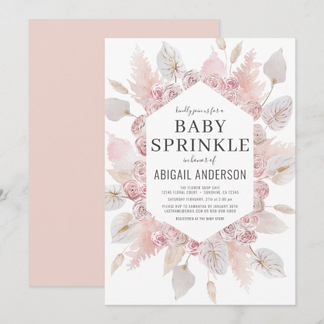 Boho Pampas Grass Baby Sprinkle Elegant Einladung (Vorne/Hinten)