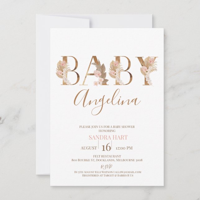 Boho Pampas Grass Baby's Name Baby Shower Einladung (Vorderseite)