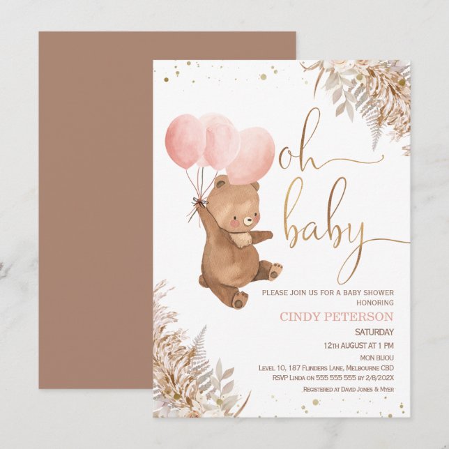 Boho Pampas Grass Bear Oh Babydusche Einladung (Vorne/Hinten)