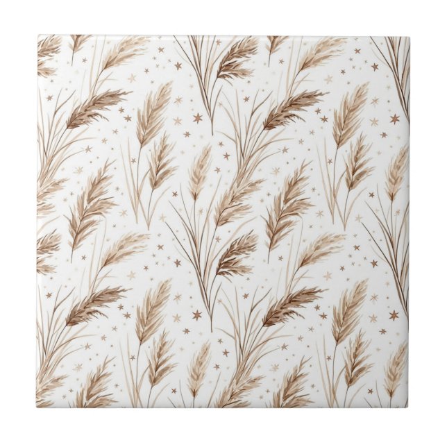 Boho Pampas Grass Beige Brown Star Pattern (1) Fliese (Vorderseite)
