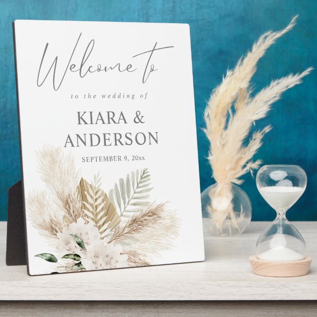 Boho Pampas Grass Beige & Floral Welcome Plaque Fotoplatte (Seite)