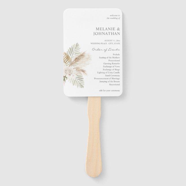 Boho Pampas Grass & Beige Hochzeitsfeier Fächer (Vorderseite)