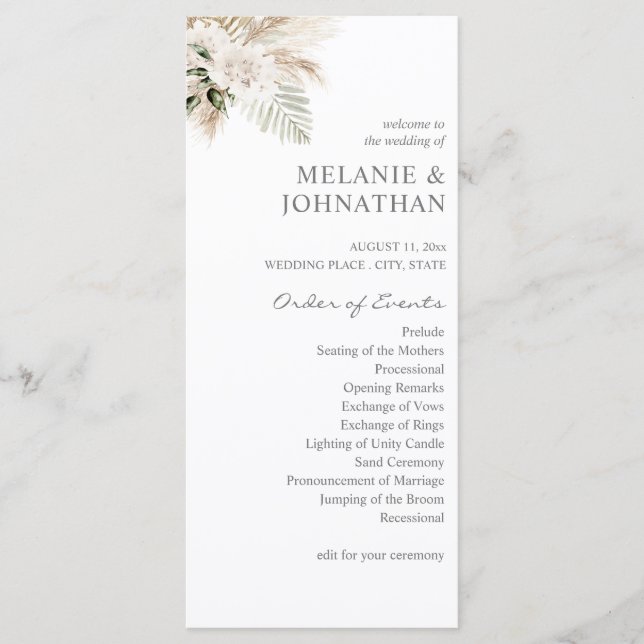 Boho Pampas Grass & Beige L Wedding Zeremonie Programm (Vorderseite)
