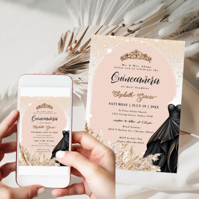 Boho Pampas Grass Black Dress Quinceanera Geburtst Einladung (Von Creator hochgeladen)