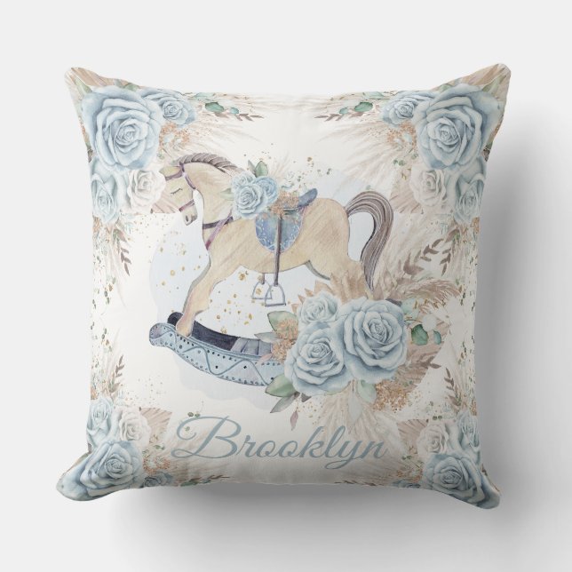 Boho Pampas Grass Blue Floral Rocking Horse Kissen (Vorderseite)