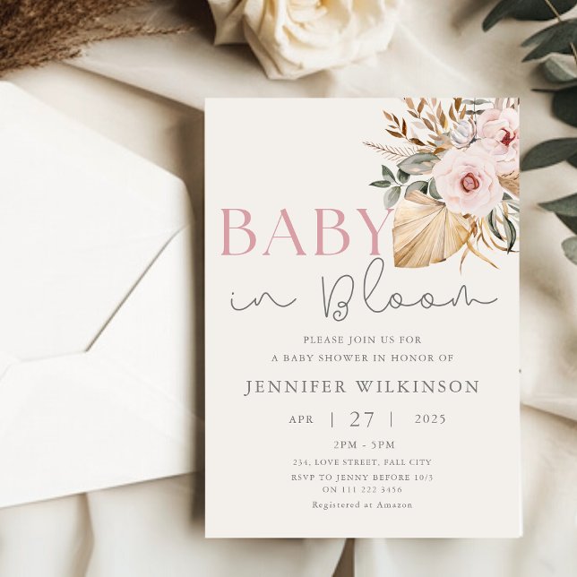 Boho Pampas Grass Blush Baby in Bloom Baby Dusche Einladung (Boho Pampas Grass Blush Baby in Bloom Baby Shower Invitation)