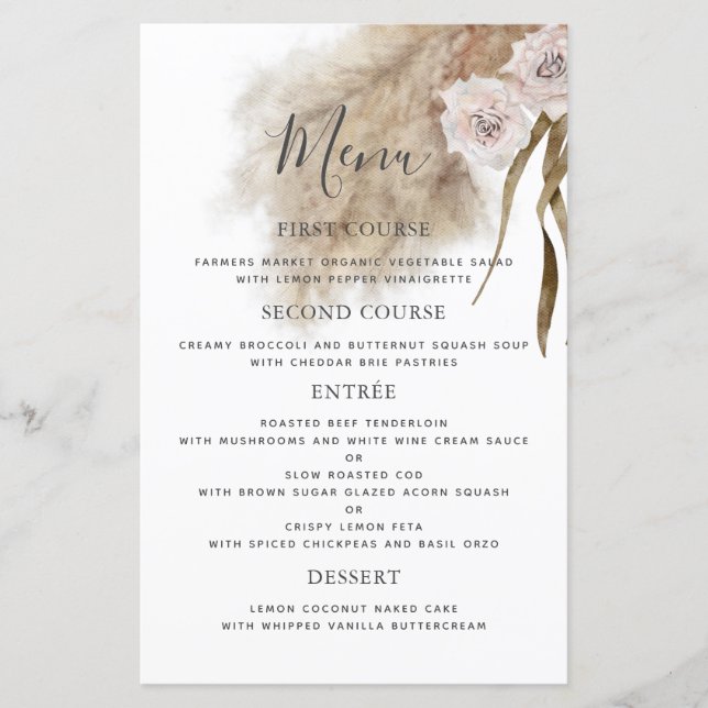 Boho Pampas Grass Botanische Hochzeitsessen Menü (Vorderseite)