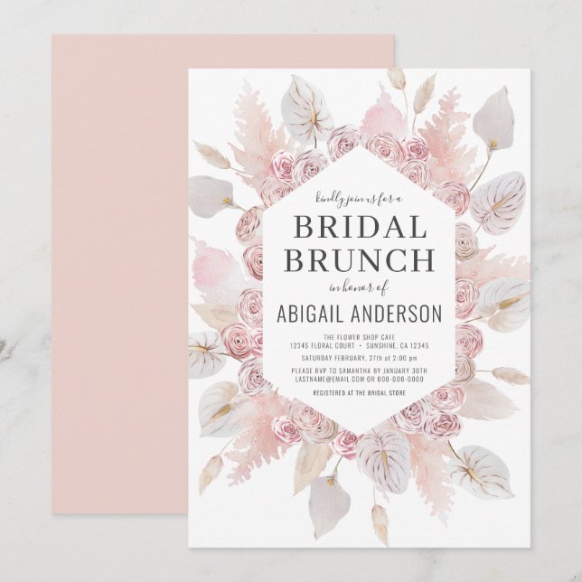 Boho Pampas Grass Bridal Brunch Elegante Einladung (Vorne/Hinten)