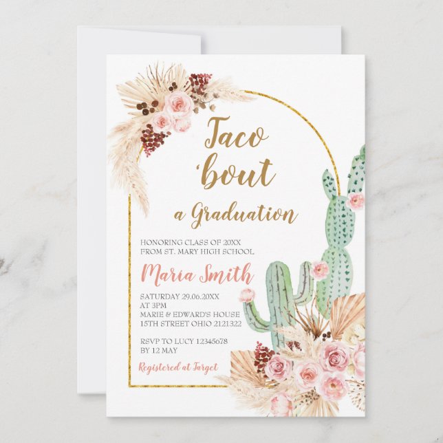 Boho Pampas Grass cactus Taco über einen Abschluss Einladung (Vorderseite)