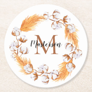 Boho Pampas Grass Cotton Wreath Monogram Runder Pappuntersetzer