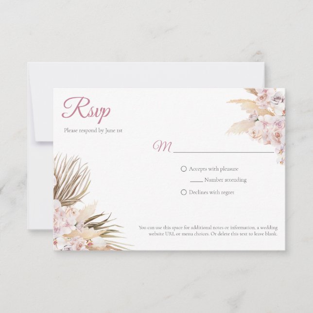 Boho Pampas Grass Dried Floral Blush Rose Hochzeit RSVP Karte (Vorderseite)