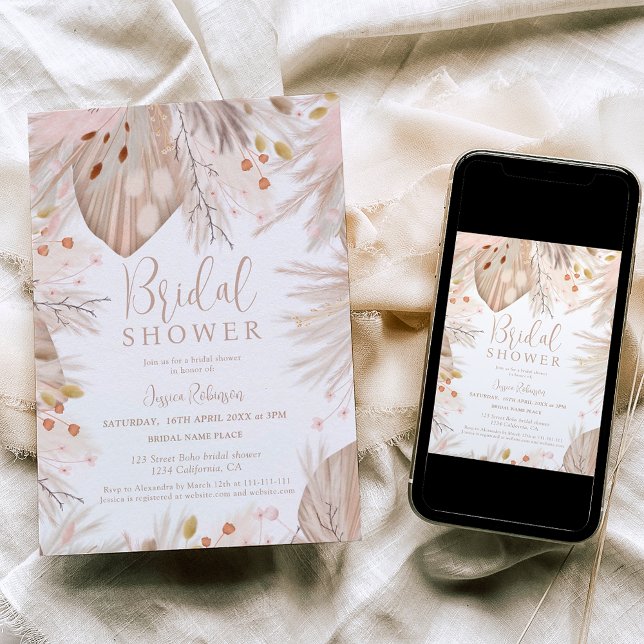 Boho pampas grass dried flowers bridal shower einladung (Boho pampas grass dried flowers bridal shower invitation)