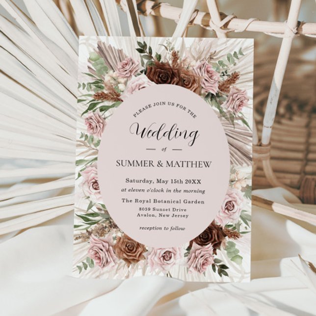 Boho Pampas Grass Dusty Pink Brown Floral Wedding Einladung (Von Creator hochgeladen)