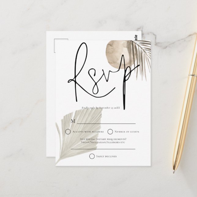 Boho Pampas Grass fan Wedding RSVP Postcard Postkarte (Vorderseite/Rückseite Beispiel)