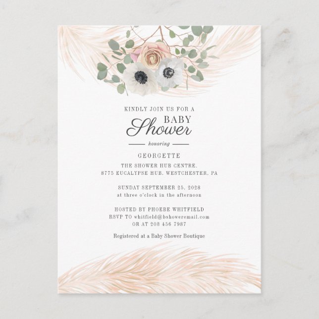 Boho Pampas Grass Floral Baby Dusche Einladungspostkarte (Vorderseite)