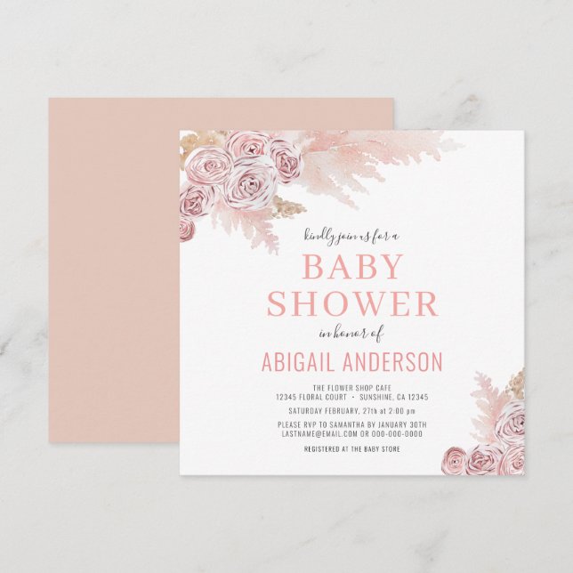 Boho Pampas Grass Floral Baby shower Invitation (Devant / Derrière)