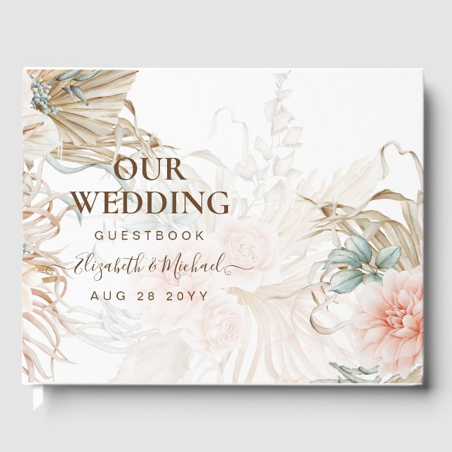 BOHO Pampas Grass Floral Coral Sage Wedding Gästebuch (Vorderseite)