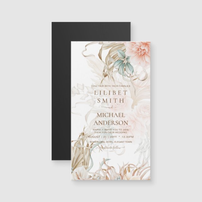 BOHO Pampas Grass Floral Coral Sage Wedding Magnetkarte (Vorne/Hinten)