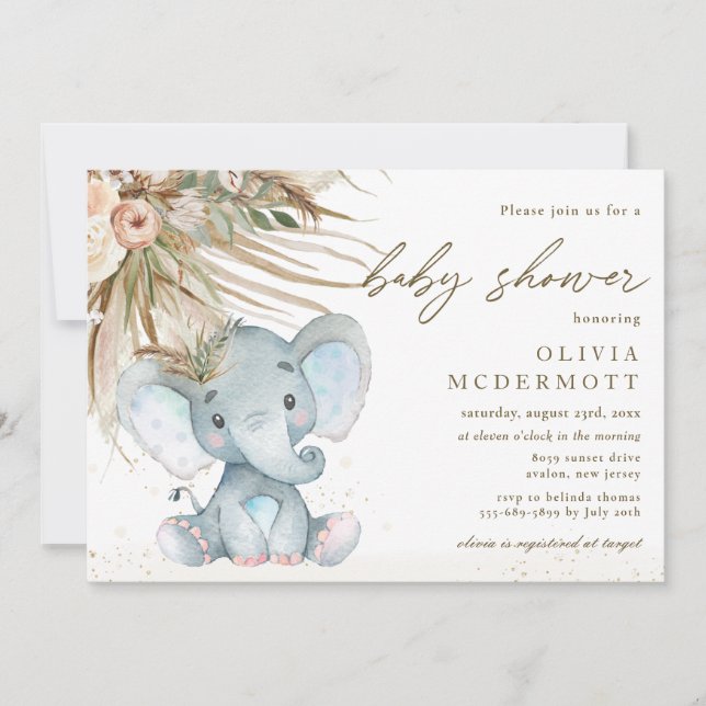 Boho Pampas Grass Floral Elephant Baby Shower Boy Einladung (Vorderseite)