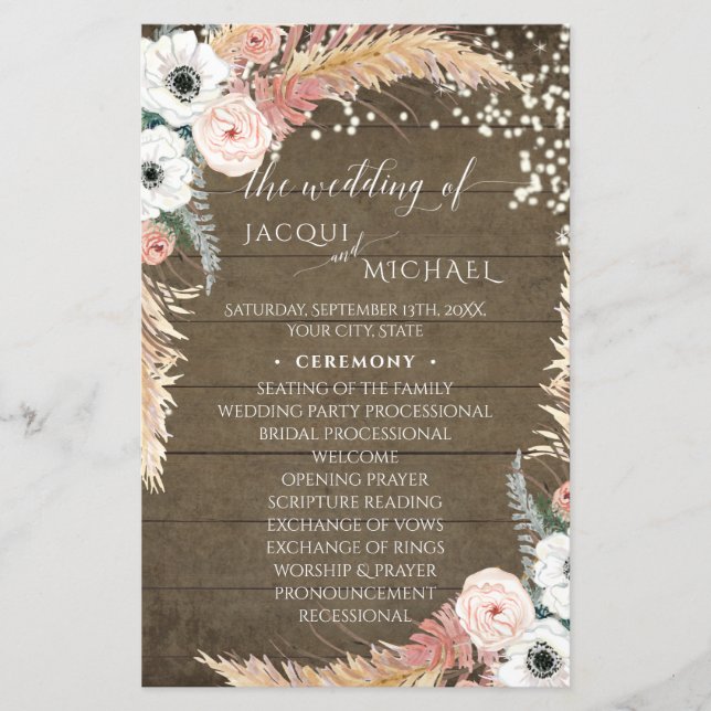 Boho Pampas Grass Floral Rustic Wedding Programme (Devant)
