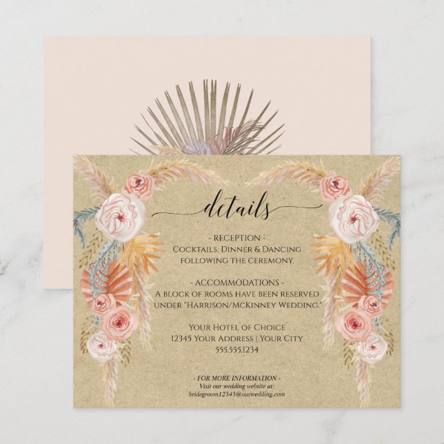 Boho Pampas Grass Foliage Kraft Hochzeitsdetails Einladung (Vorne/Hinten)