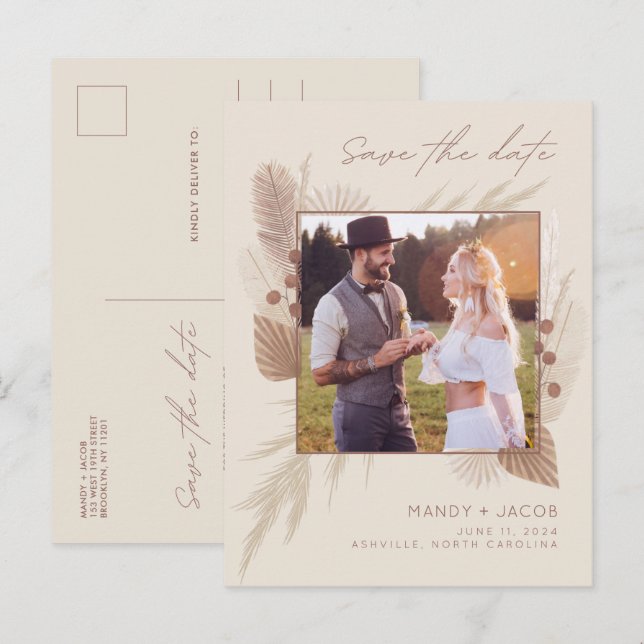 Boho Pampas Grass Foto Wedding Save the Date Ankündigungspostkarte (Vorne/Hinten)