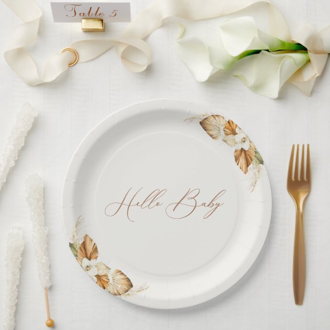 Boho Pampas Grass Gender Neutral Hallo Baby Pappteller (Hochzeit)