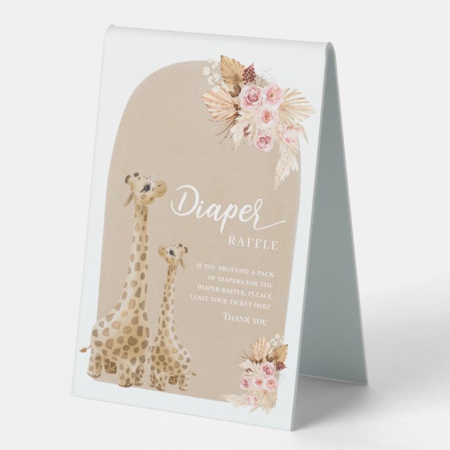 Boho Pampas Grass Giraffe Diaper Raffle Tischaufsteller (Vorderseite)