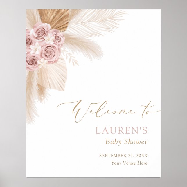 Boho Pampas Grass Girl Baby Dusche Begrüßungszeich Poster (Vorne)