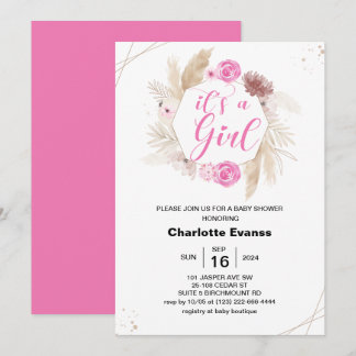 Boho Pampas Grass Girl Pink Blume Kinderdusche Einladung