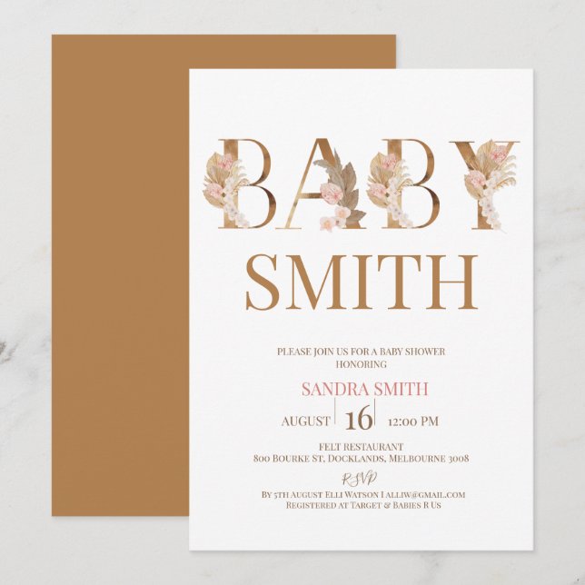 Boho Pampas Grass Girls Baby Word Baby Shower Einladung (Vorne/Hinten)