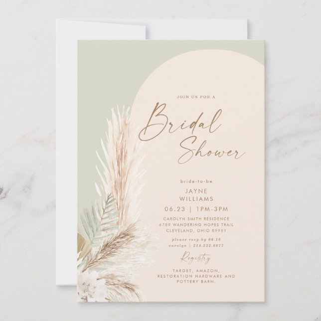 Boho Pampas Grass Gold Geometric Sage Bridal Einladung (Vorderseite)