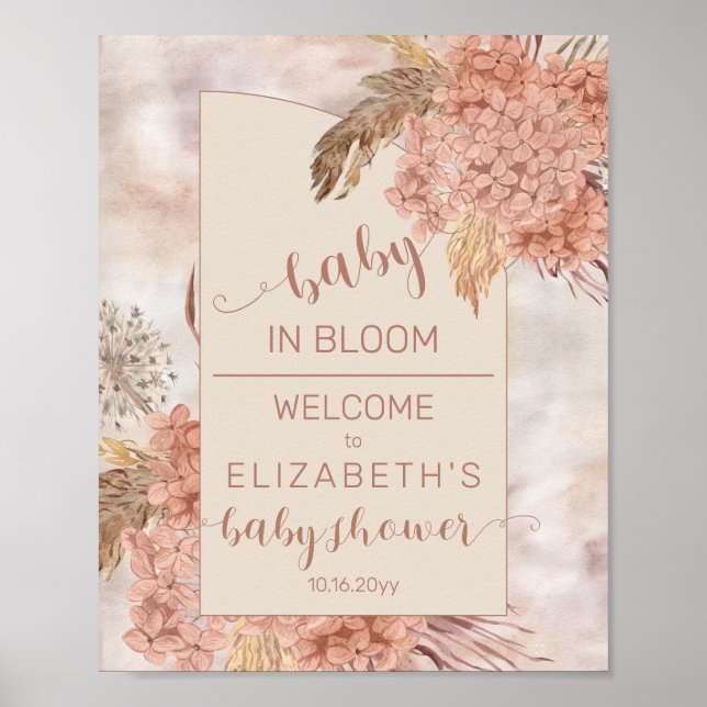 Boho Pampas Grass | Hydrangeas Baby Shower Welcome Poster (Vorne)