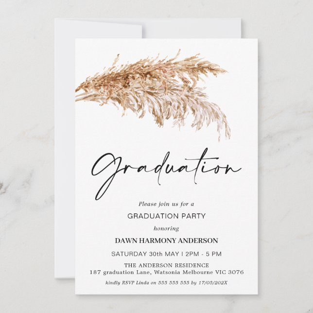 Boho Pampas Grass mit Foto Graduation Party Einladung (Vorderseite)