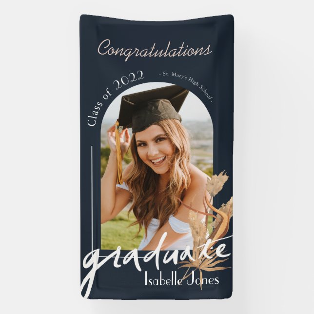 Boho Pampas Grass Navy Foto Abschluss Banner (Vertikal)