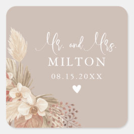 Boho Pampas Grass Neutrals Hochzeit Quadratischer Aufkleber