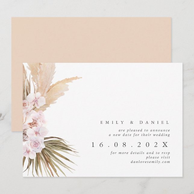 Boho Pampas Grass Nouveau Mariage Date Invitation (Devant / Derrière)