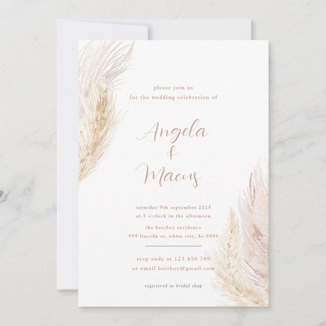 Boho pampas Grass nuptiale douche Invitation (Devant)